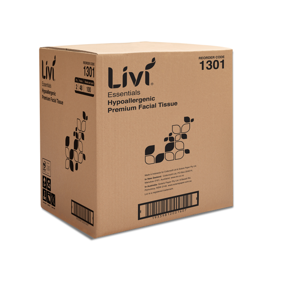 Livi Essentials Hypoallergenic Facial Tissues – 2 Ply, 100 Sheets, Box of 48