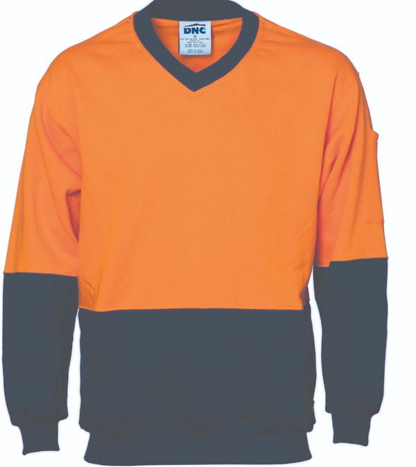 HiVis Two Tone Cotton Fleecy Sweat Long Sleeve V-Neck