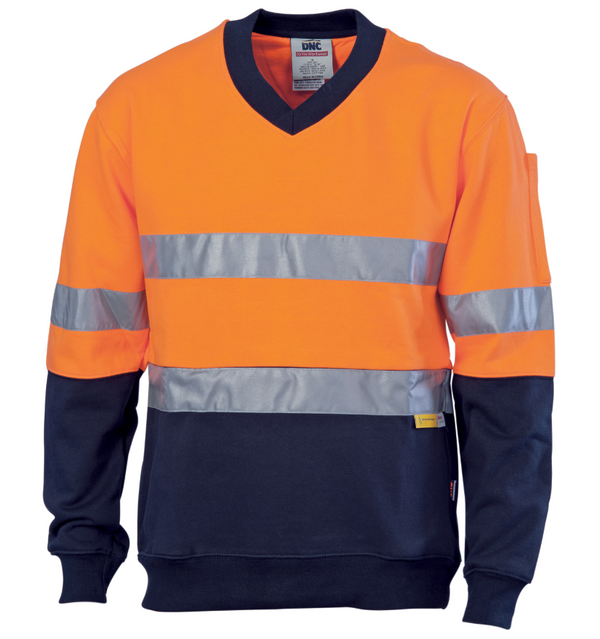 HiVis Two Tone Cotton Fleecy Sweat Long Sleeve V-Neck