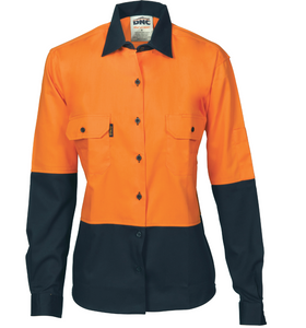 Ladies HiVis Two Tone Cotton Drill Long Sleeve