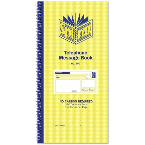 Spirax 550 Telephone Message Book Carbonless 4 Per Page 160 Duplicate Sets Side Opening