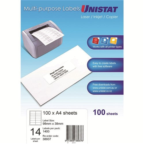Unistat Laser Copier & Inkjet Labels 98x38mm 14UP 1400 Labels 100 Sheets