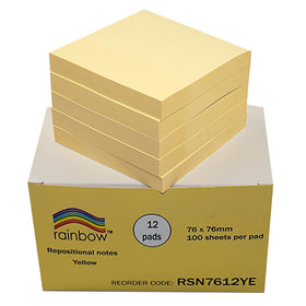Rainbow Repositional Notes 76 x 76mm – Yellow, 100 Sheets per Pad (Pack of 12)