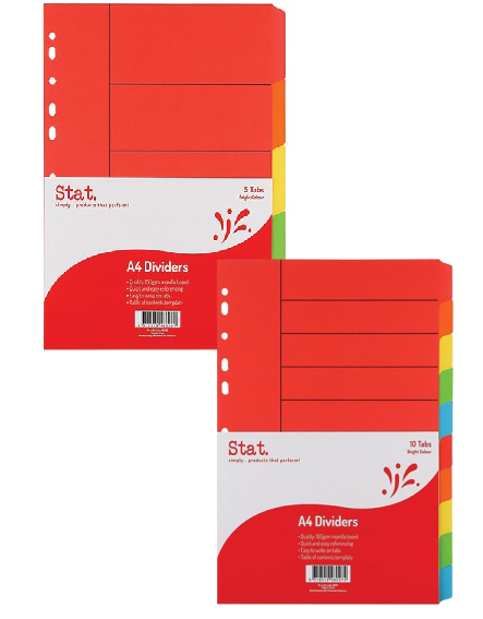 Stat A4 Manilla Dividers – Bright Assorted Colours (5-Tab & 10-Tab)