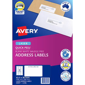 Avery L7160 Quick Peel Address Labels with Sure Feed – 21UP, White, Pack of 100
