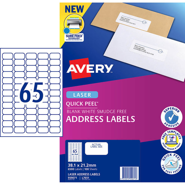 Avery 959071 L7651 Quick Peel Address Labels with Sure Feed – 65UP White (Pack of 100)