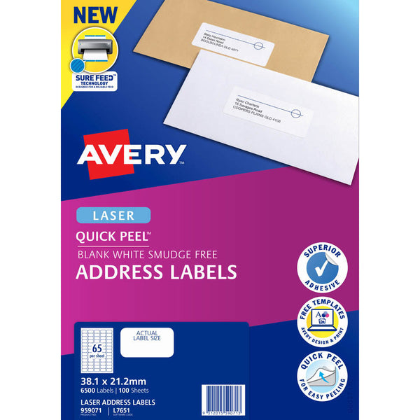 Avery 959071 L7651 Quick Peel Address Labels with Sure Feed – 65UP White (Pack of 100)