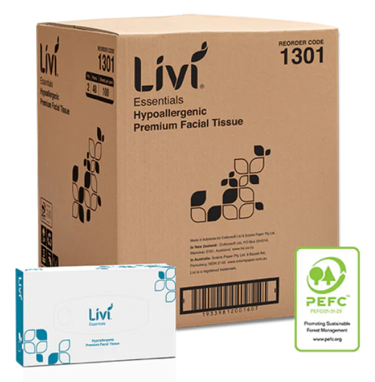 Livi 1301 Essentials Hypoallergenic Facial Tissues 2 Ply 100 Sheets