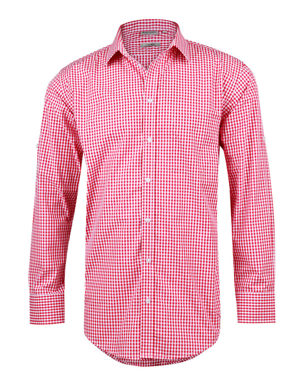 M7300L Men’s Gingham Check Long Sleeve Shirt with Roll-up Tab Sleeve (Embroidered Logo Left Chest)
