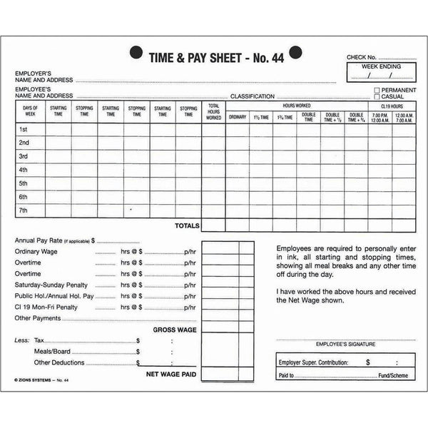 Zions 44 Time and Pay Sheets – 175 x 215mm, Pack of 100