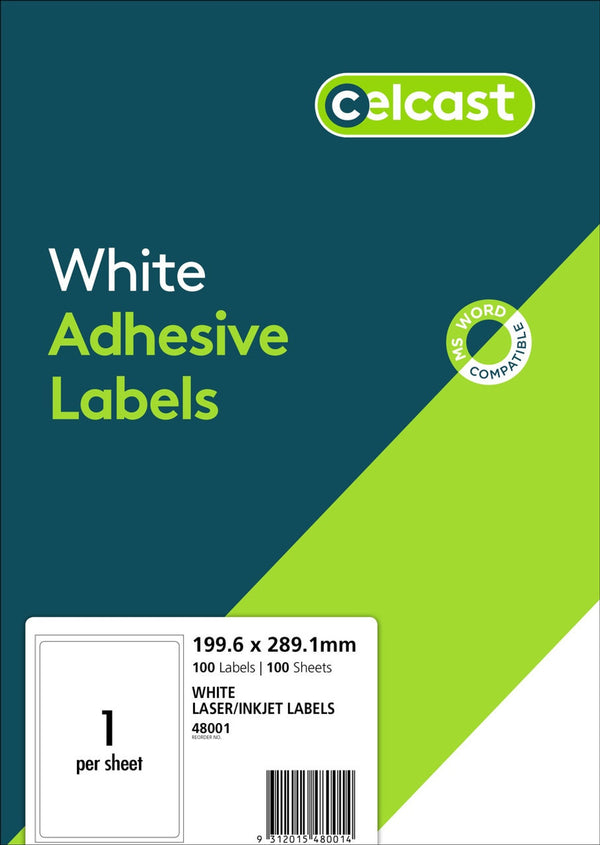 Celcast #48001 Labels 1Up 199.6 x 289.1mm (Pack of 100)