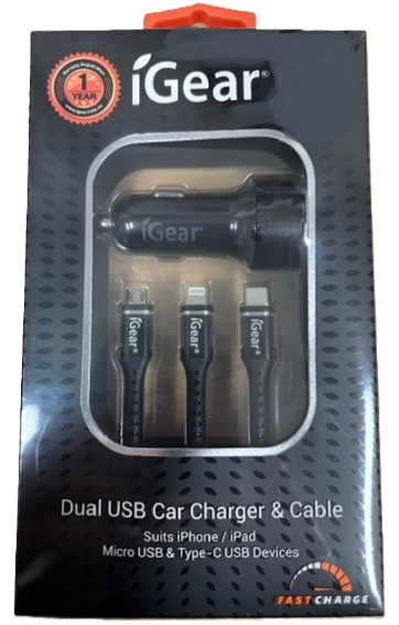iGear Car Charger – Dual USB with 3-in-1 Cable (USB-C/8-Pin/Micro USB) – Black