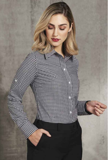 Ladies’ Gingham Check Long Sleeve Shirt – Navy/White (Lockhart FNC Logo Left Chest)
