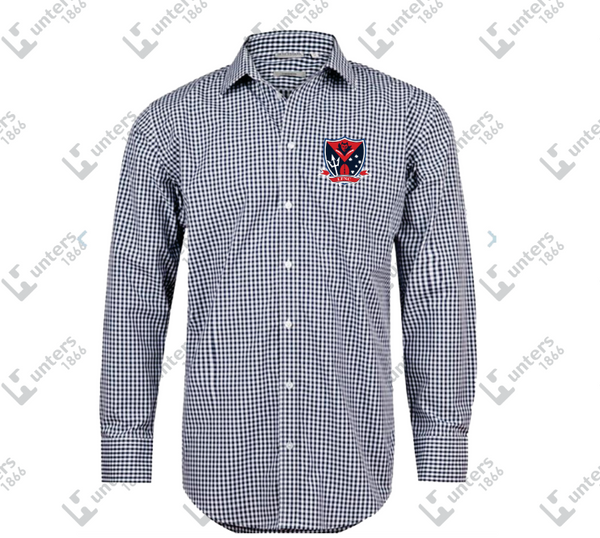 Ladies’ Gingham Check Long Sleeve Shirt – Navy/White (Lockhart FNC Logo Left Chest)