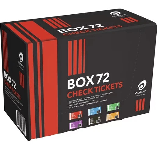 Olympic Raffle Check Ticket Books – 72 Pack, Numbered 1–100, A–F, Multi-Coloured