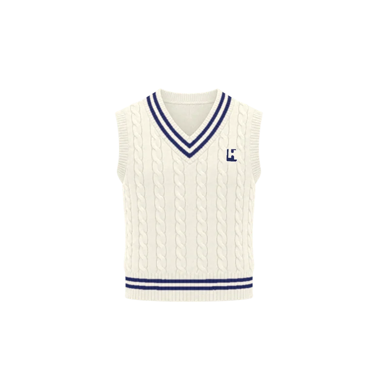 Custom Cricket Cable-knit Vest in Cream / Navy, front
