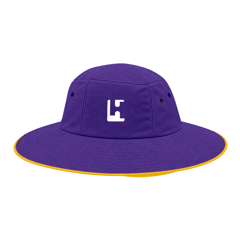 Custom Cricket Wide-brim Hat in Purple / Gold, front
