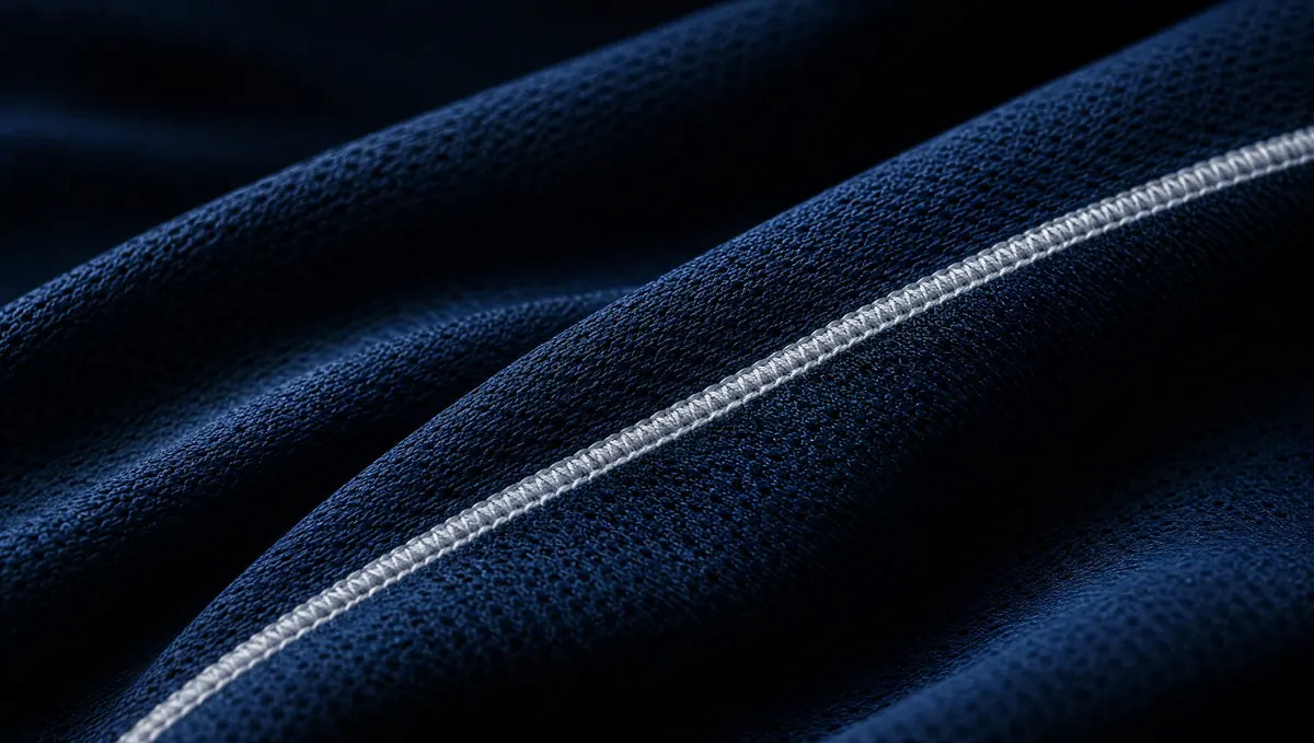 Close-up of navy performance mesh fabric with a white flatlock seam