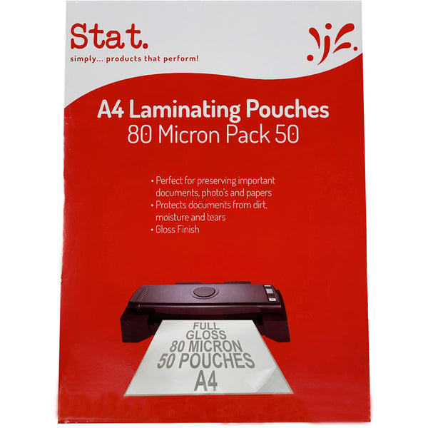 STAT LAMINATING POUCHES A4 80 MICRON CLEAR PACK OF 50