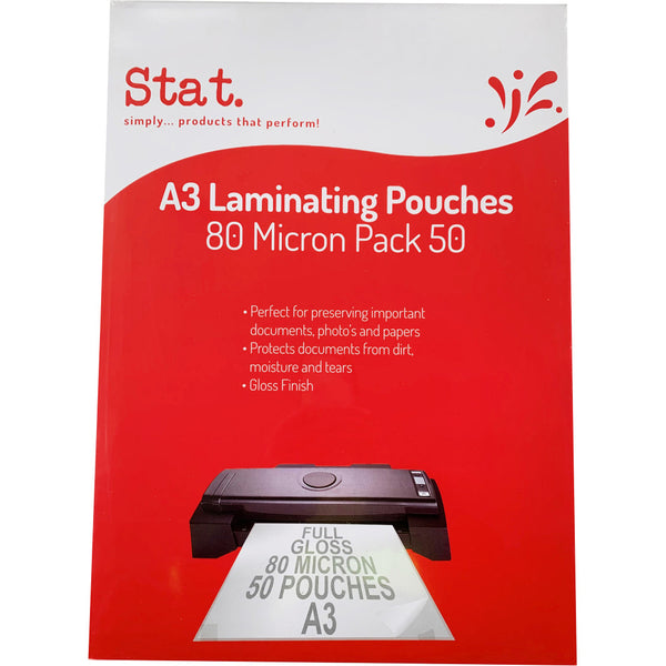 STAT LAMINATING POUCHES A3 80 MICRON CLEAR PACK OF 50