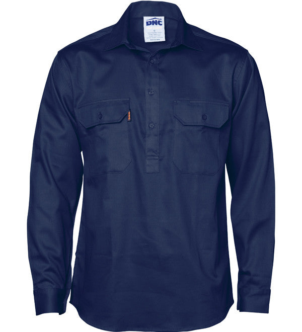Mens Close Front Cotton Drill Long Sleeve Shirt With Gusset Sleeve
