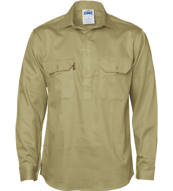 Mens Close Front Cotton Drill Long Sleeve Shirt With Gusset Sleeve