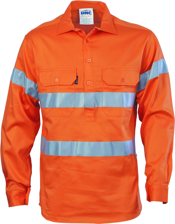 HiVis Close Front Cotton Drill Long Sleeve With 3M Reflective Tape