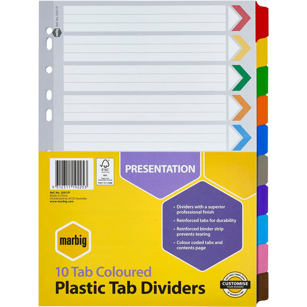 MARBIG PLASTIC DIVIDER A4 REINFORCED 10 TAB MULTI COLOUR