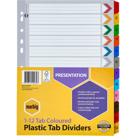 MARBIG PLASTIC DIVIDER A4 REINFORCED 1-12 TAB MULTI COLOUR