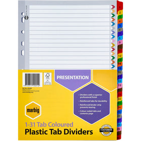 MARBIG PLASTIC DIVIDER A4 REINFORCED 1-31 TAB MULTI COLOUR