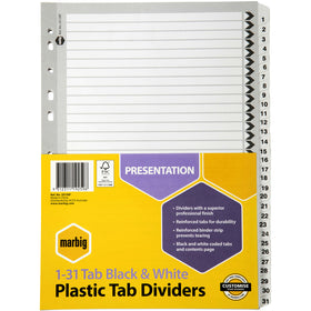 MARBIG PLASTIC DIVIDER A4 REINFORCED 1-31 TAB BLACK