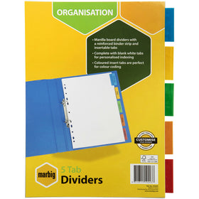 MARBIG MANILLA DIVIDER A4 5 INSERT TAB MULTI COLOUR