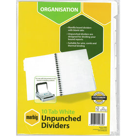 MARBIG MANILLA DIVIDER A4 10 TAB UNPUNCHED WHITE