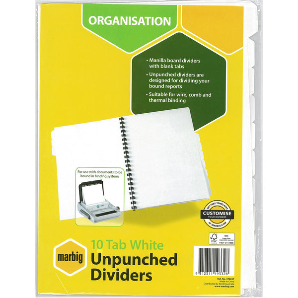 MARBIG MANILLA DIVIDER A4 10 TAB UNPUNCHED WHITE