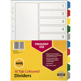 MARBIG PLASTIC DIVIDER A4 10 TAB MULTI COLOUR