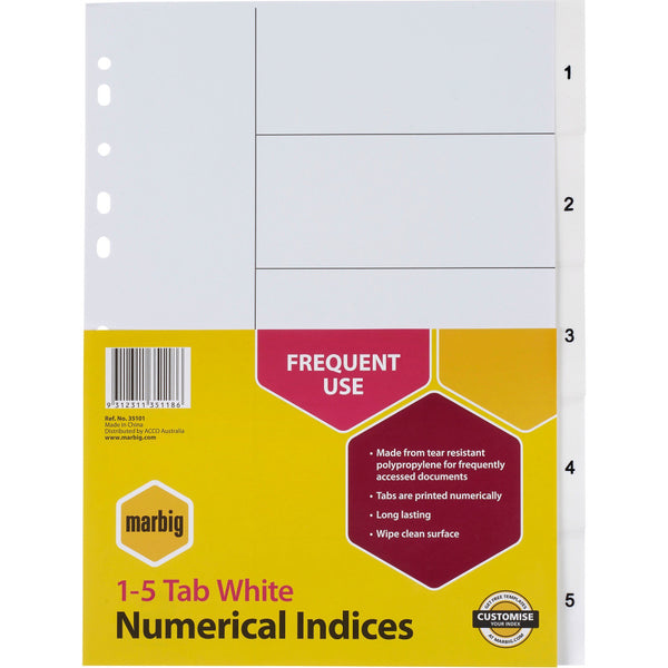 MARBIG PLASTIC DIVIDER A4 INDICES 1-5 WHITE