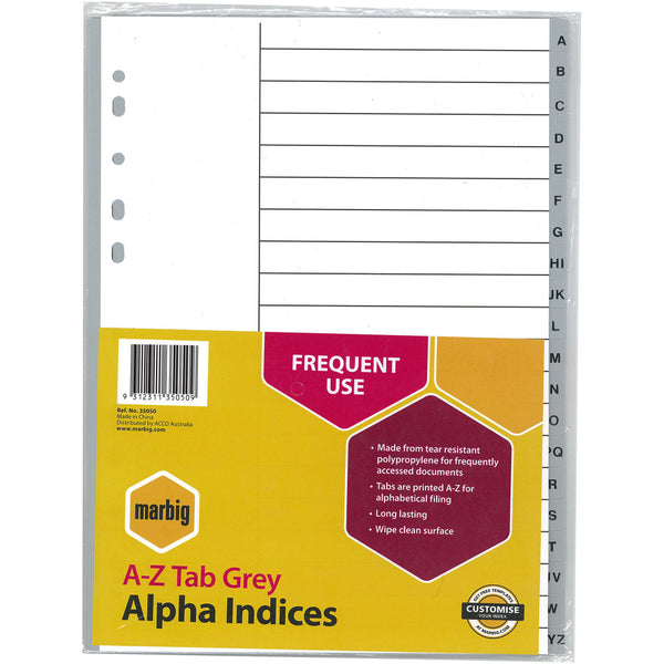 MARBIG PLASTIC DIVIDER A4 INDICES A-Z GREY