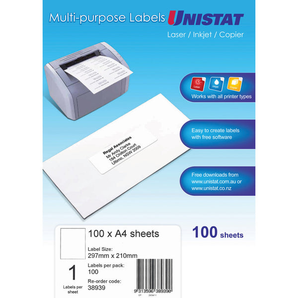 UNISTAT LASER COPIER & INKJET LABELS 297X210MM 1UP