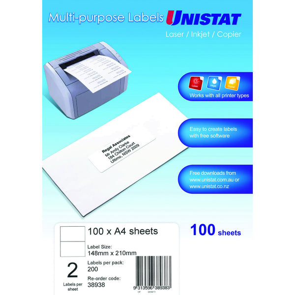 UNISTAT LASER COPIER & INKJET LABELS 148X210MM 2UP