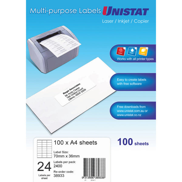 UNISTAT LASER COPIER & INKJET LABELS 70X36MM 24UP