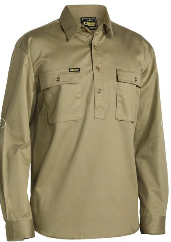 Closed Front Cotton Drill Shirt Long Sleeve
